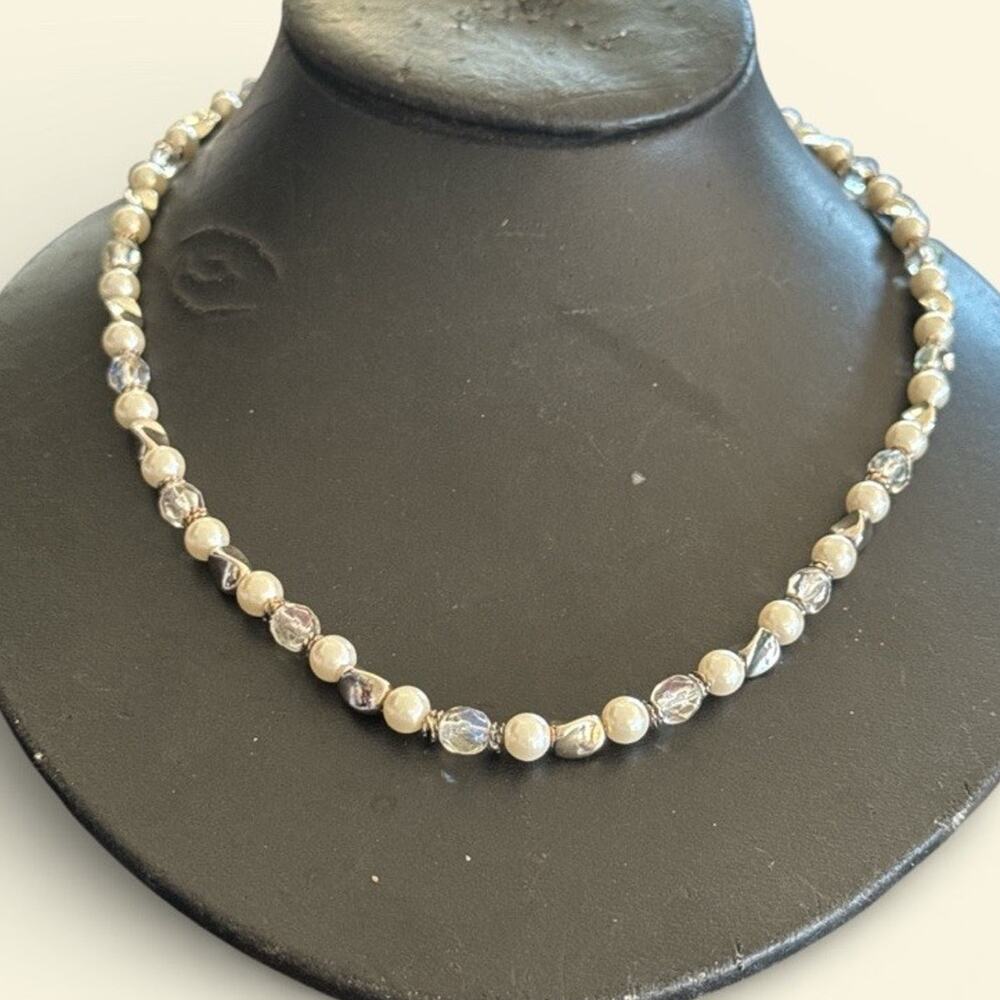 Napier Faceted Clear Bead and Faux Pearls Choker Necklace 16”